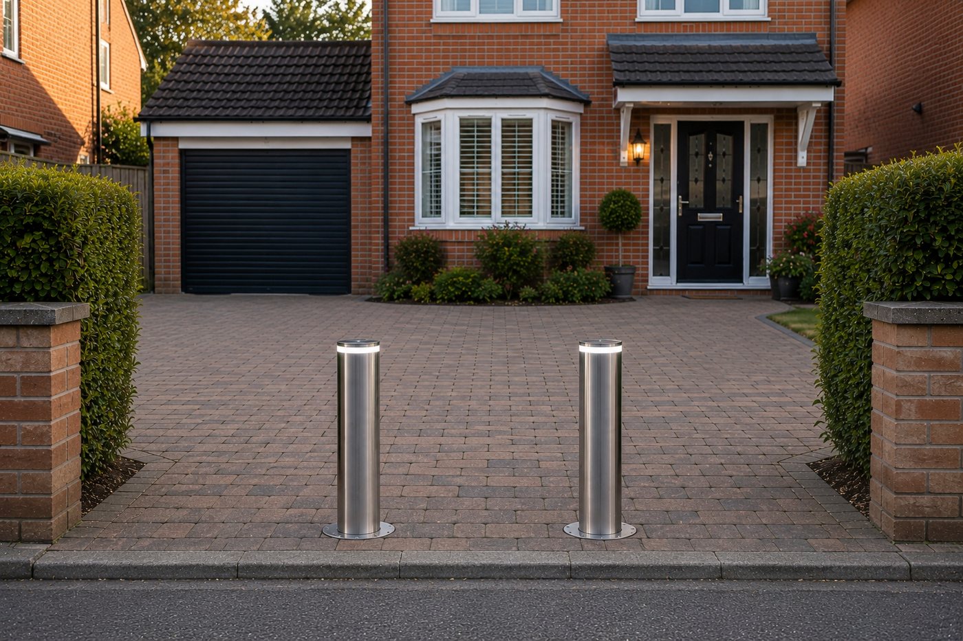 Two bollards on a brick-house drive