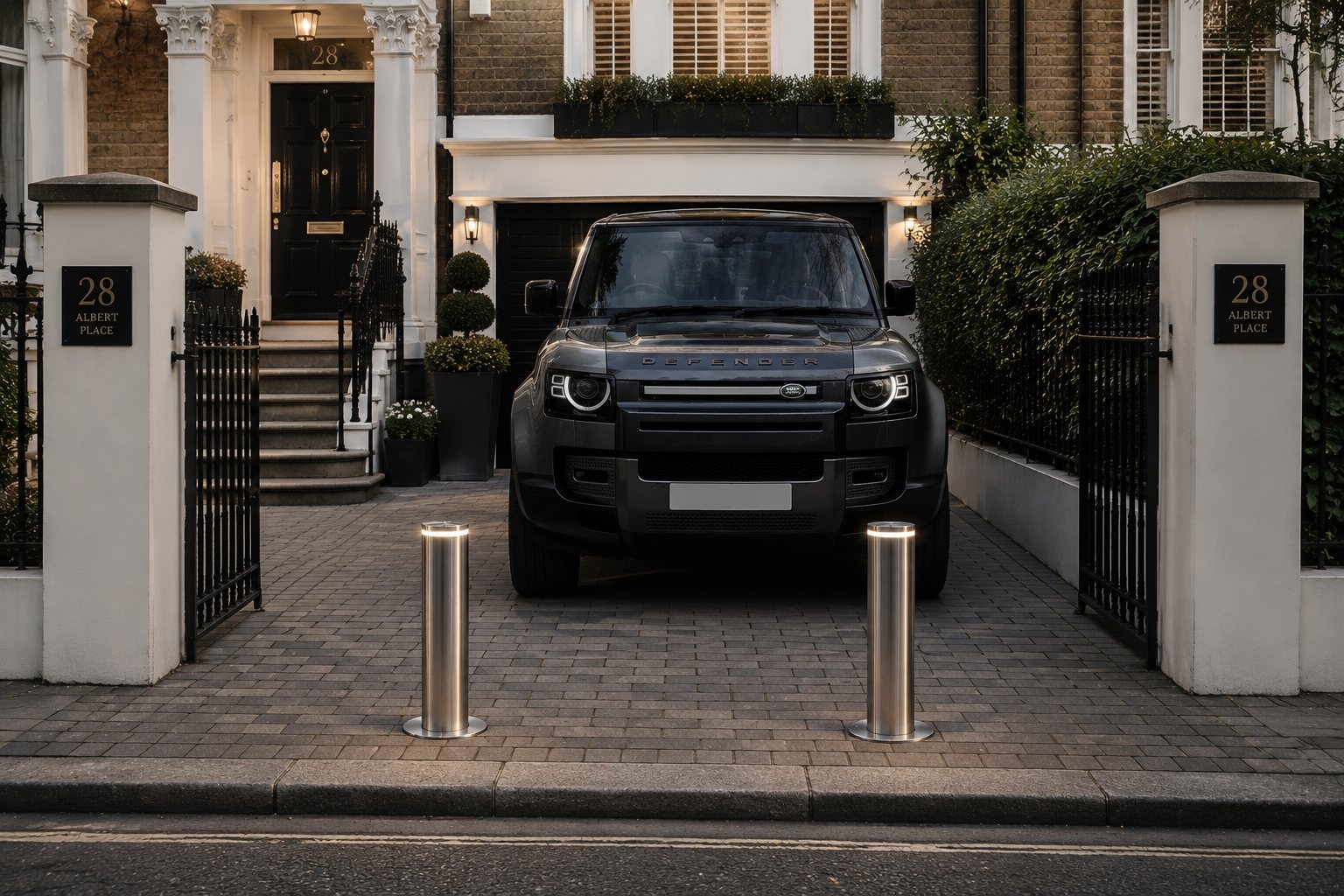 Two bollards at dusk with a Defender