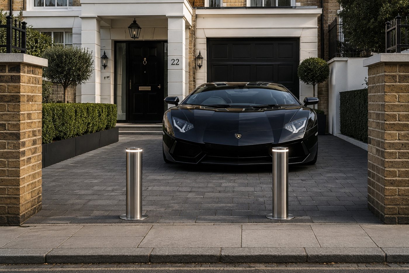 Two bollards in front of a sports car